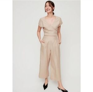 Bohme Linen Blend Beige Cut Out Wrap Tie Jumpsuit